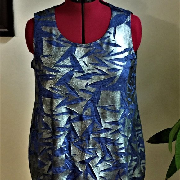 LACE Silver Metallic Blue Leaf Print Top/Size XL/Style CL839R - Picture 1 of 10